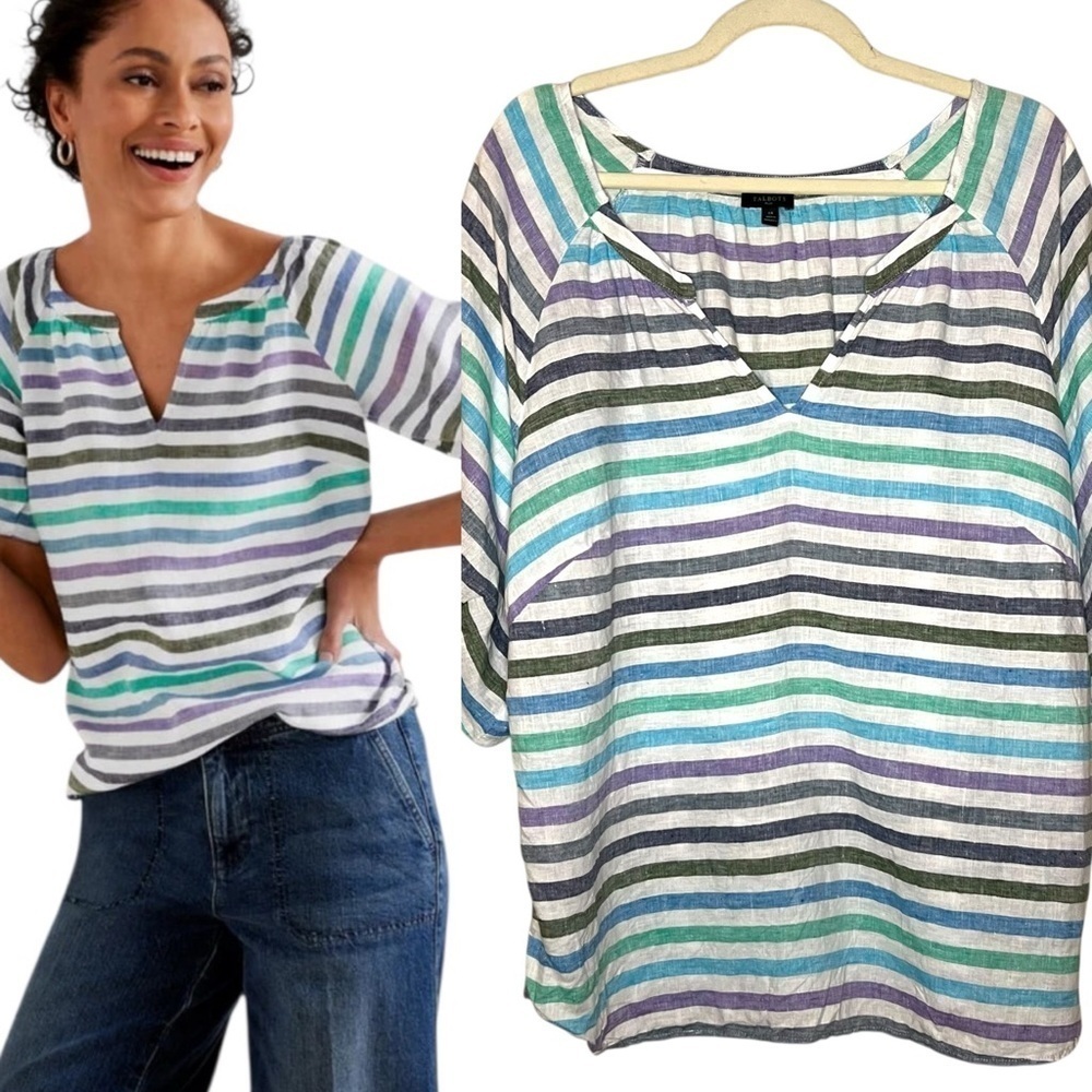 Talbots 100% Linen Popover - Rockport Stripe Size 1X